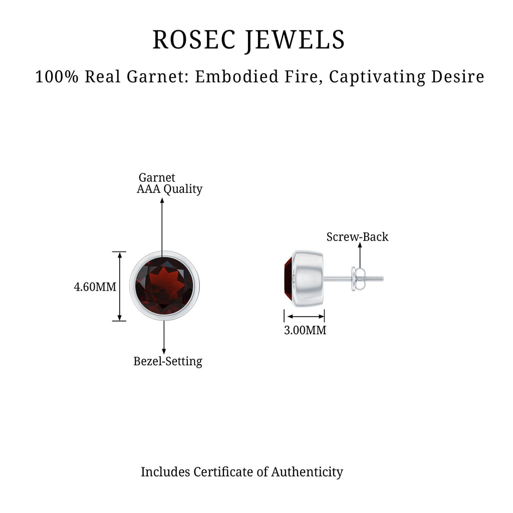 Minimalist Bezel Set Garnet Solitaire Stud Earrings with Screw Backs
