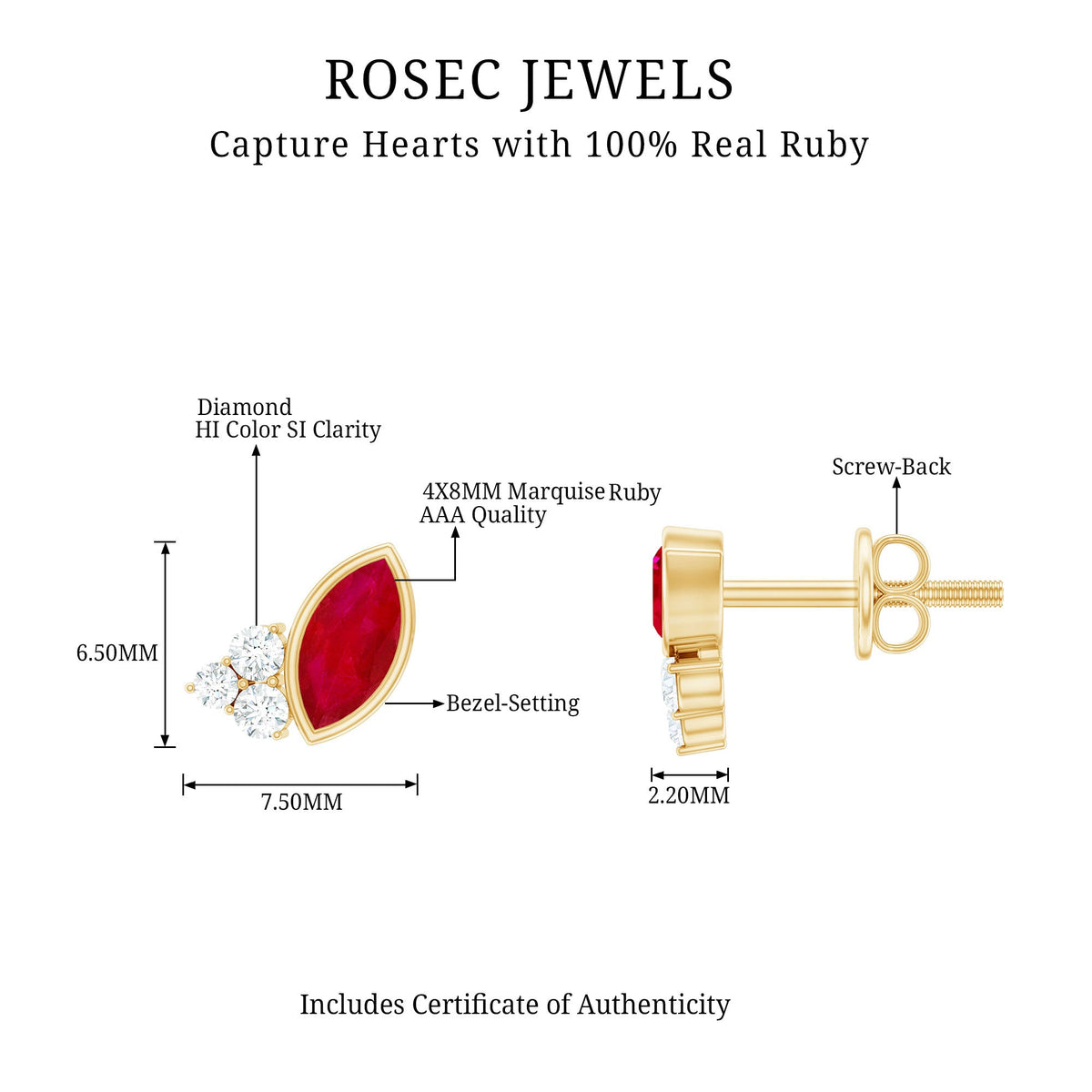 Marquise Cut Ruby Stud Earrings with Diamond Trio