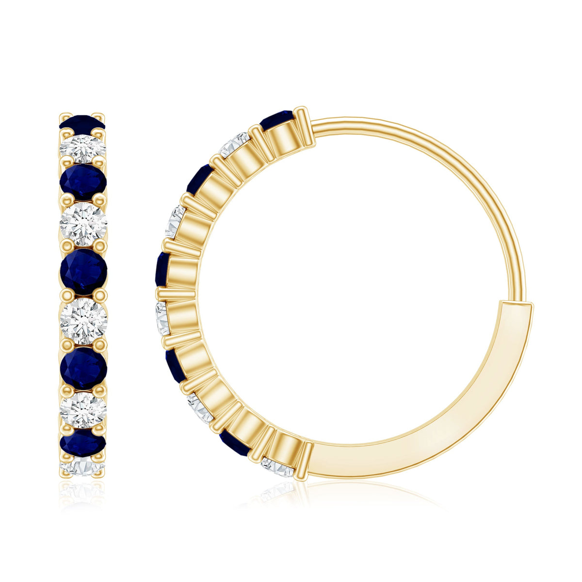 Round Blue Sapphire and Diamond Hinged Hoop Earrings with Certificate