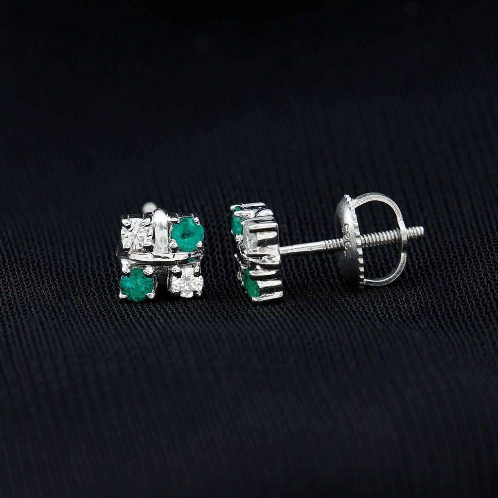 Certified Emerald and Lab Diamond Cluster Stud Earrings