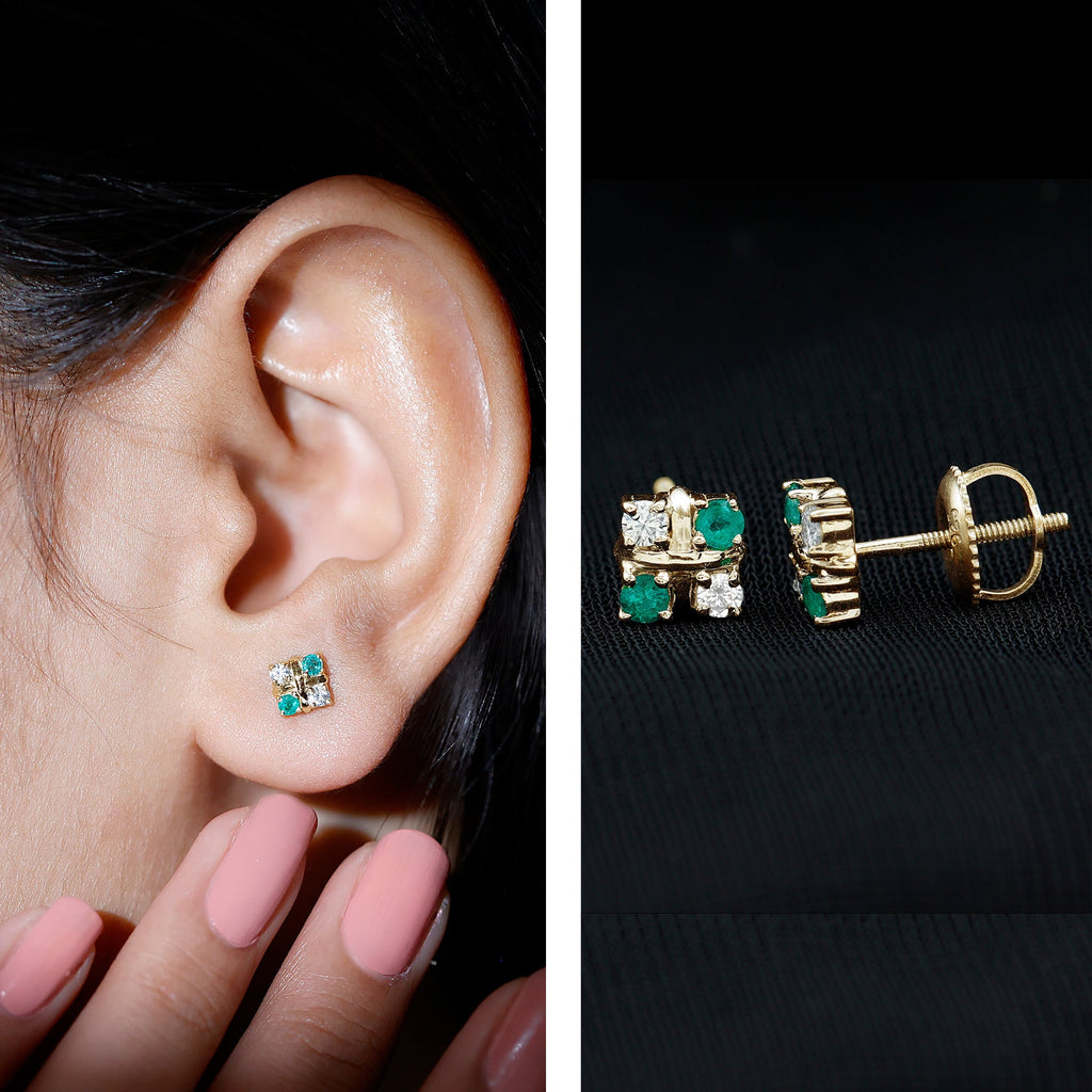Certified Emerald and Lab Diamond Cluster Stud Earrings