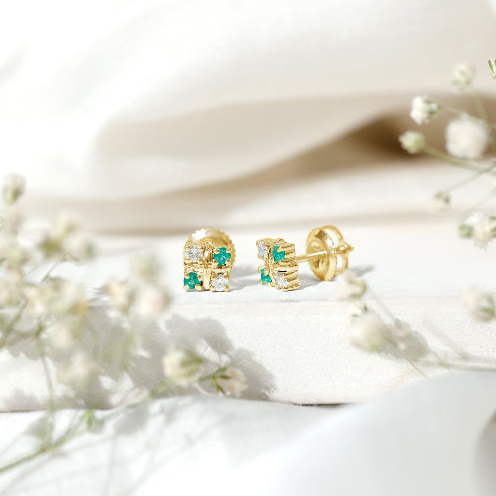 Certified Emerald and Lab Diamond Cluster Stud Earrings
