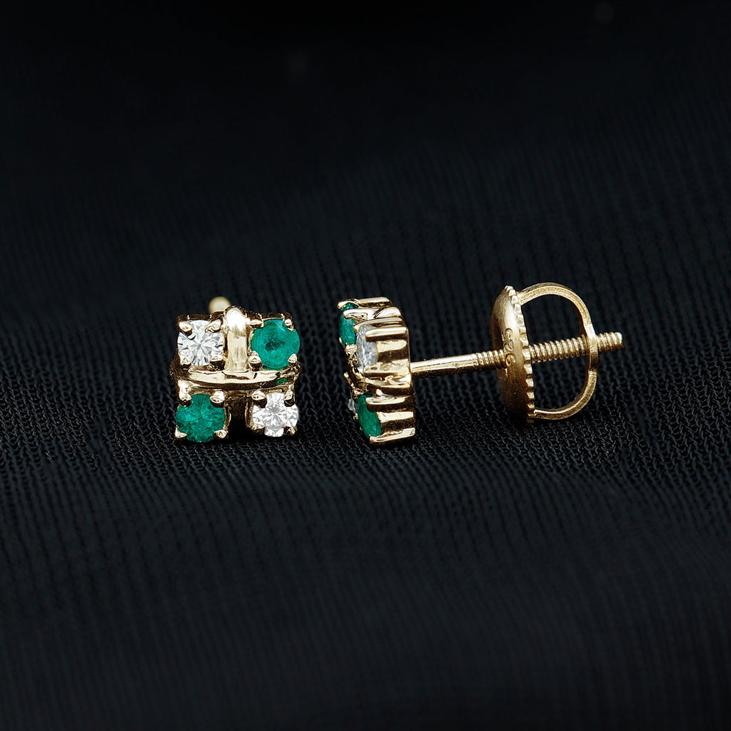 Certified Emerald and Lab Diamond Cluster Stud Earrings
