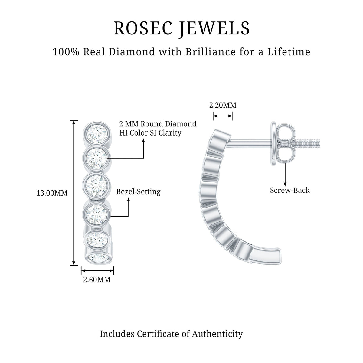 Bezel Set Round Diamond J Hoop Earrings