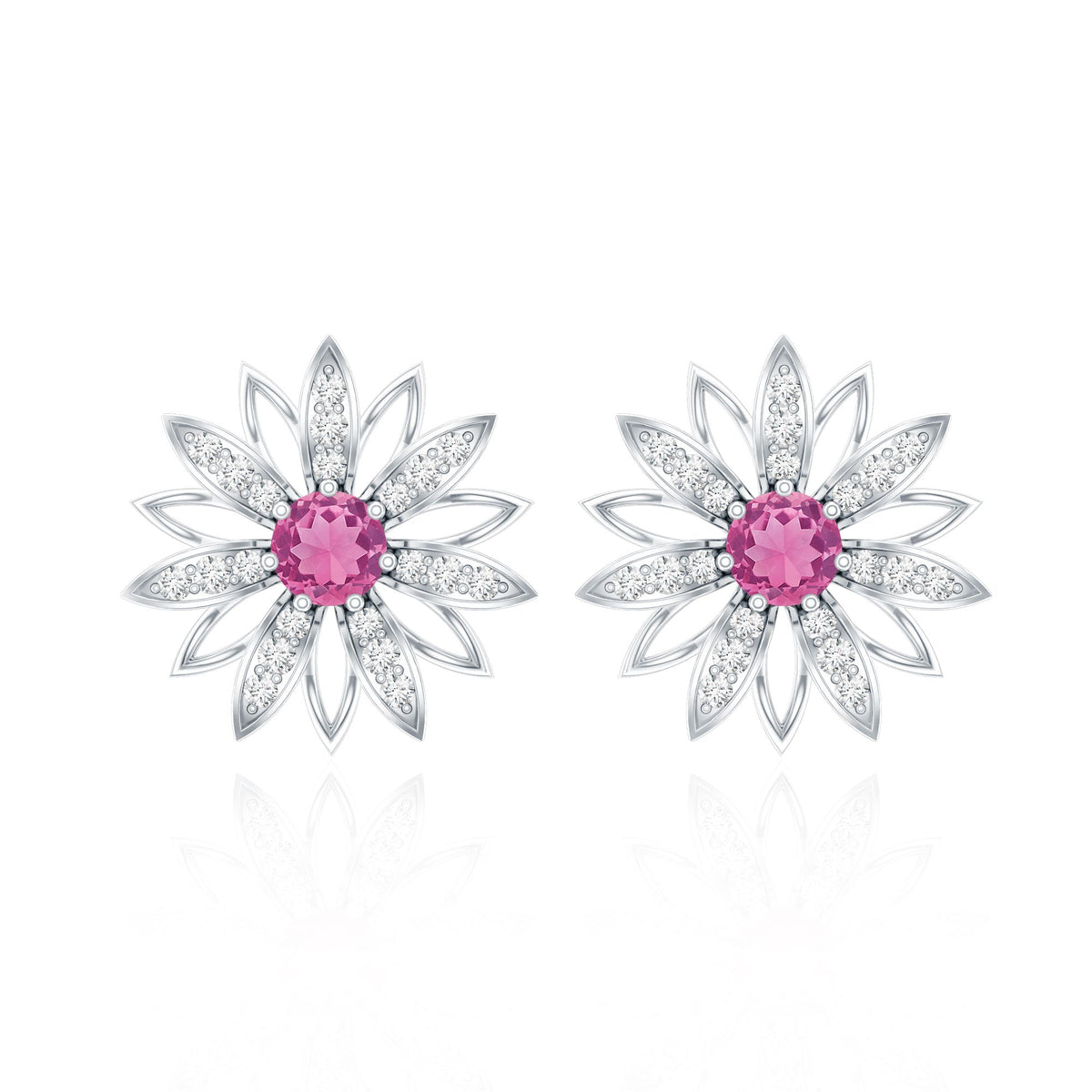 Round Pink Tourmaline Flower Stud Earrings with Diamond