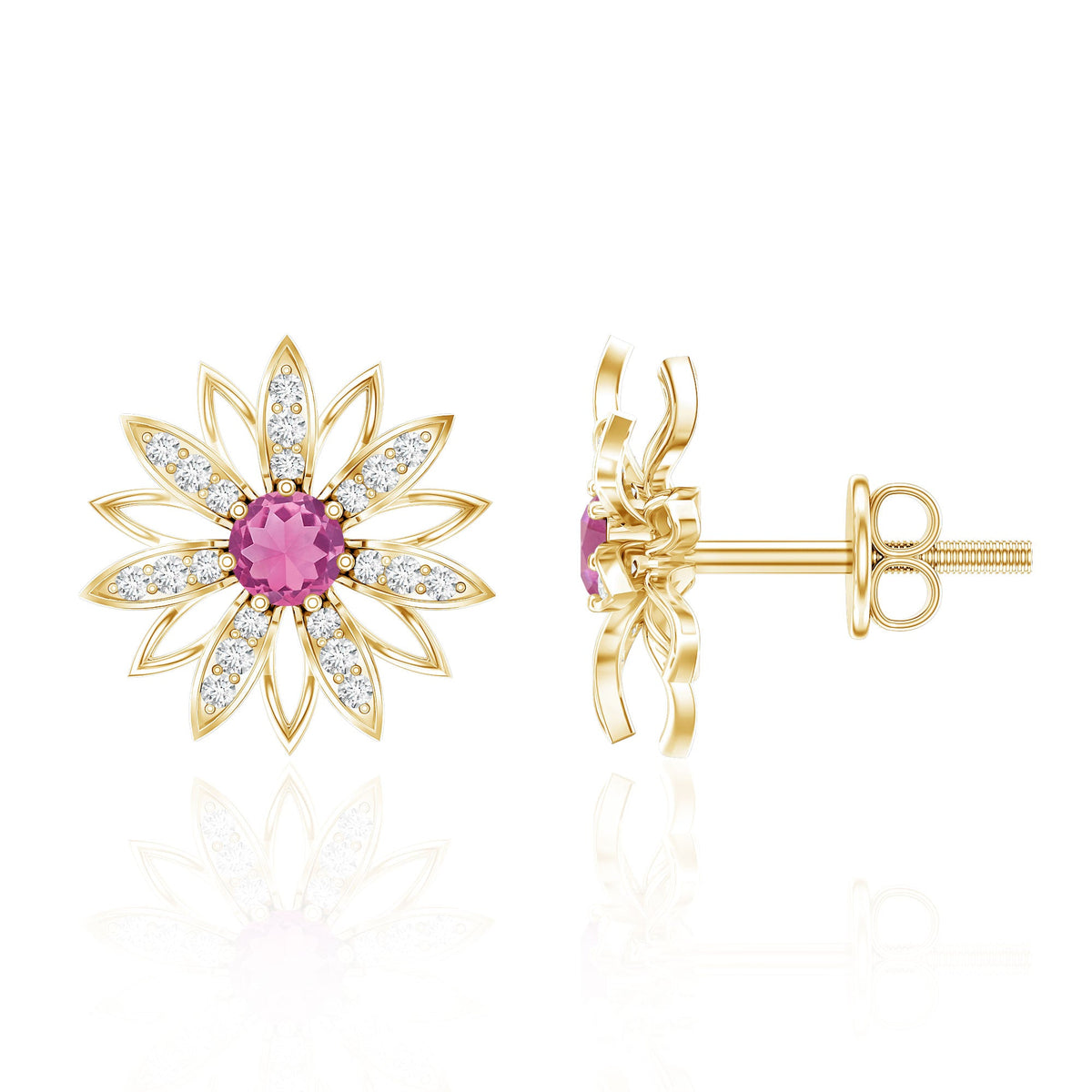 Round Pink Tourmaline Flower Stud Earrings with Diamond