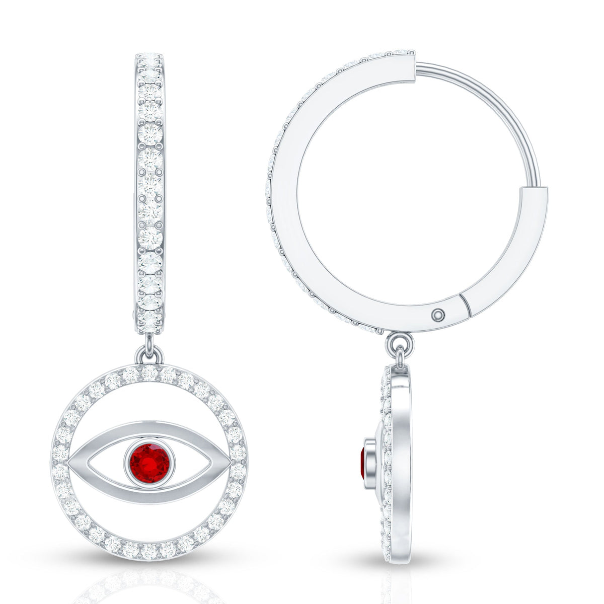 Lab Created Ruby and Moissanite Evil Eye Hoop Drop Earrings