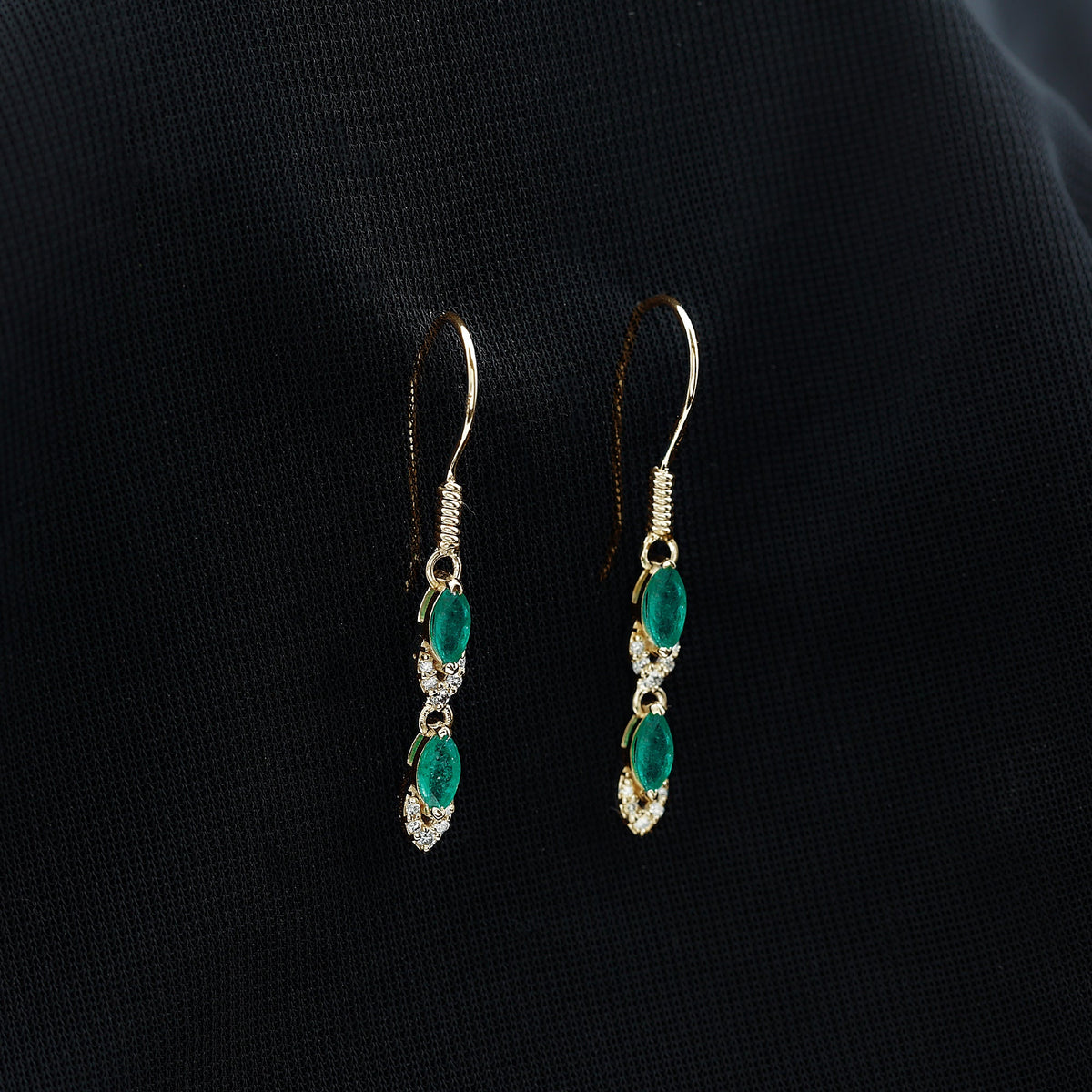Marquise Cut Emerald Dangle Earrings with Diamond