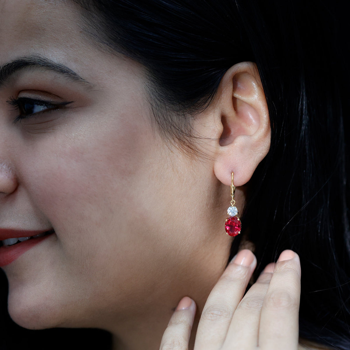 Oval Shape Lab Created Ruby Dangle Drop Earrings with Moissanite