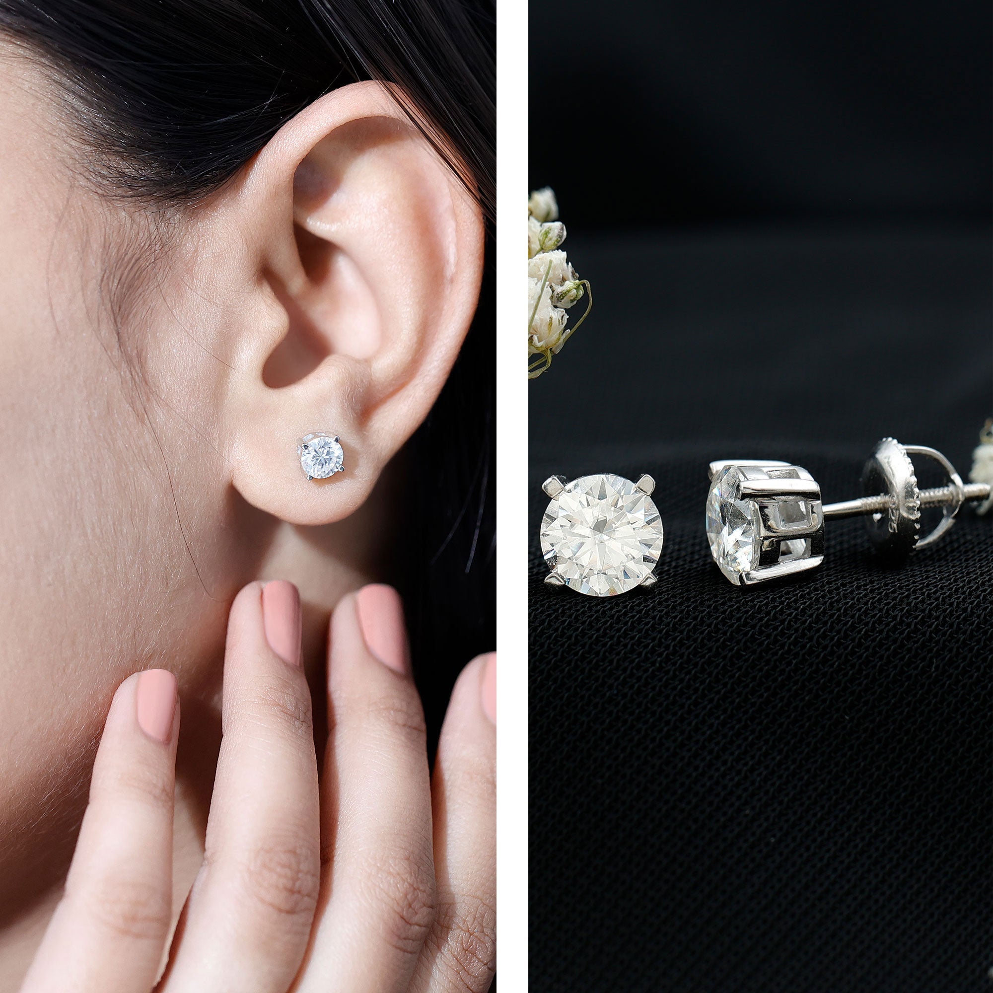 2 Carat Moissanite Solitaire Stud Earrings in Silver