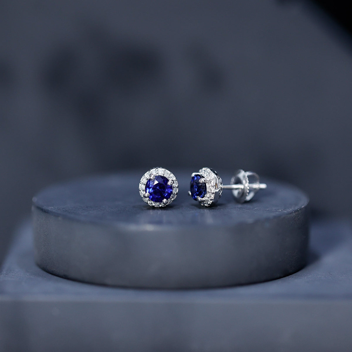 Real 1.9 Carat Blue Sapphire and Diamond Halo Stud Earrings