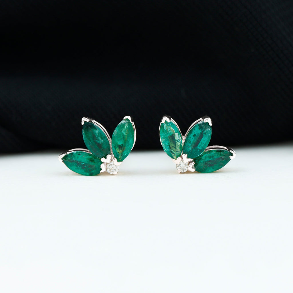 Genuine Emerald and Diamond Lotus Stud Earrings