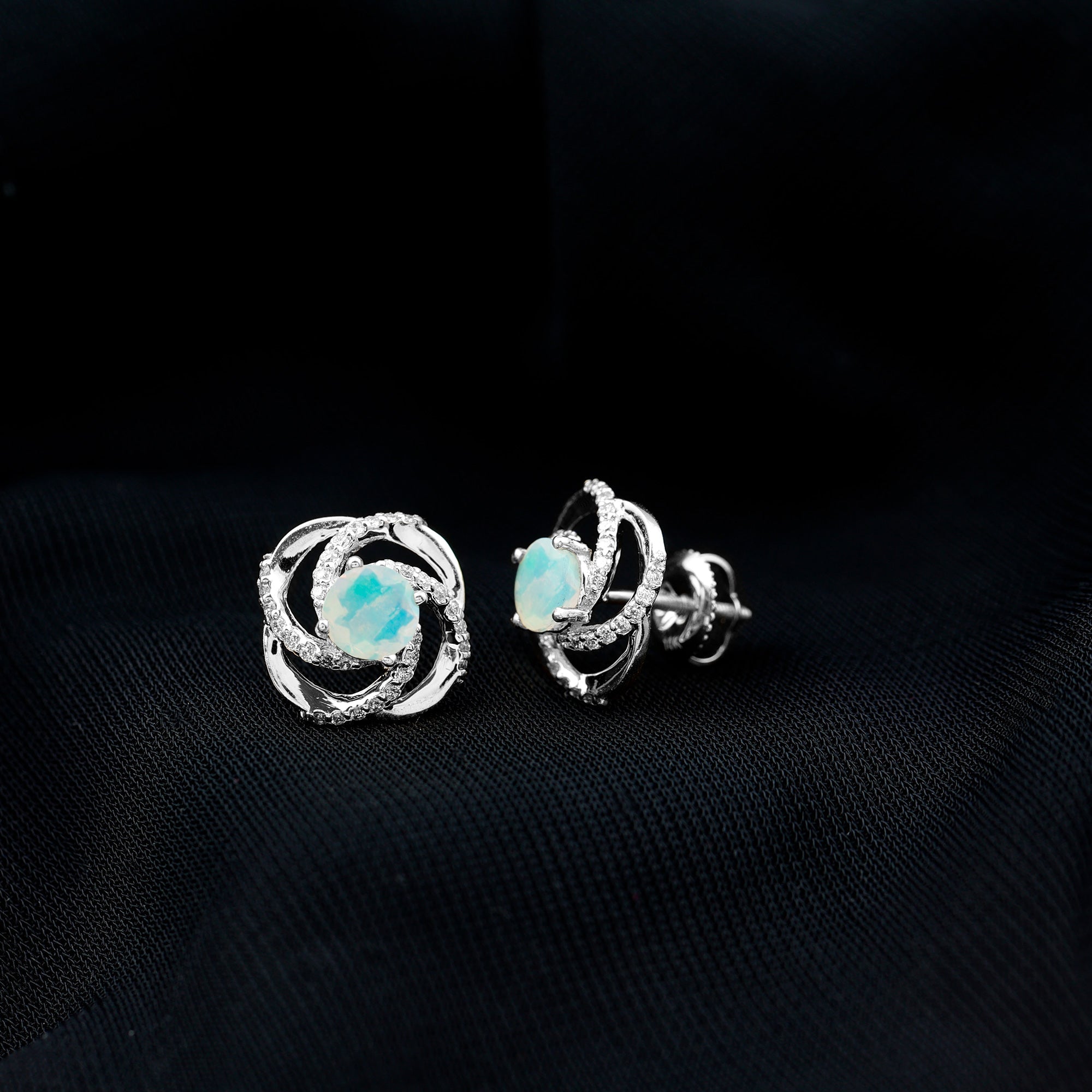 Genuine Ethiopian Opal and Diamond Swirl Stud Earrings