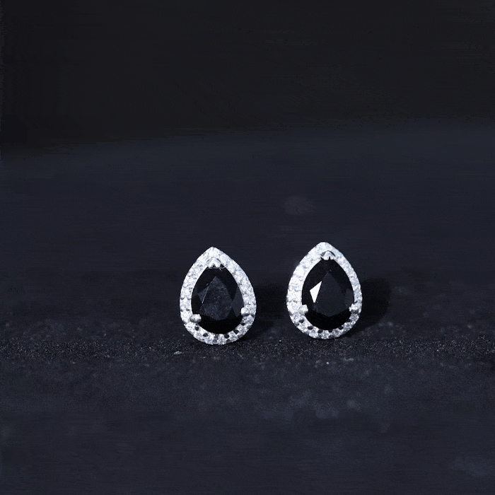 Lab Created Black Diamond Teardrop Stud Earrings with Diamond Halo