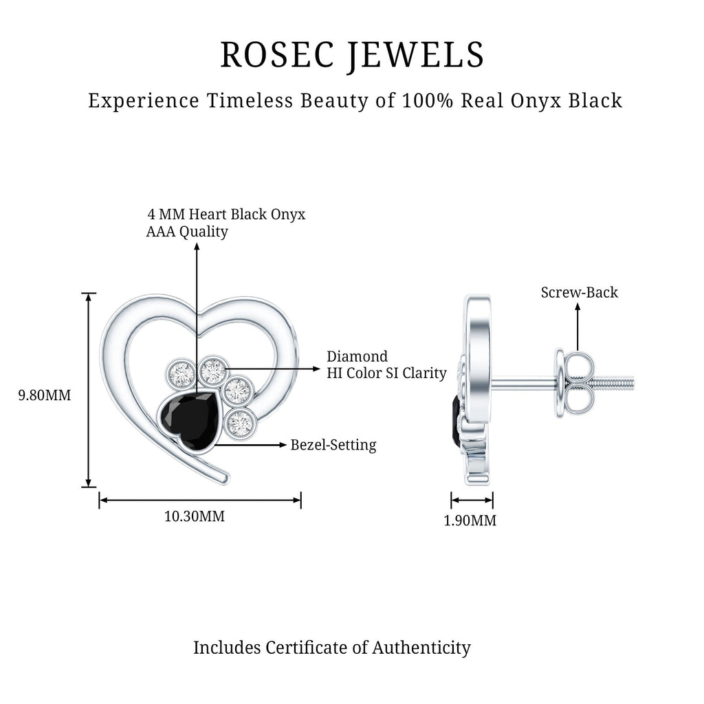 Heart Shape Black Onyx and Diamond Paw Stud Earrings