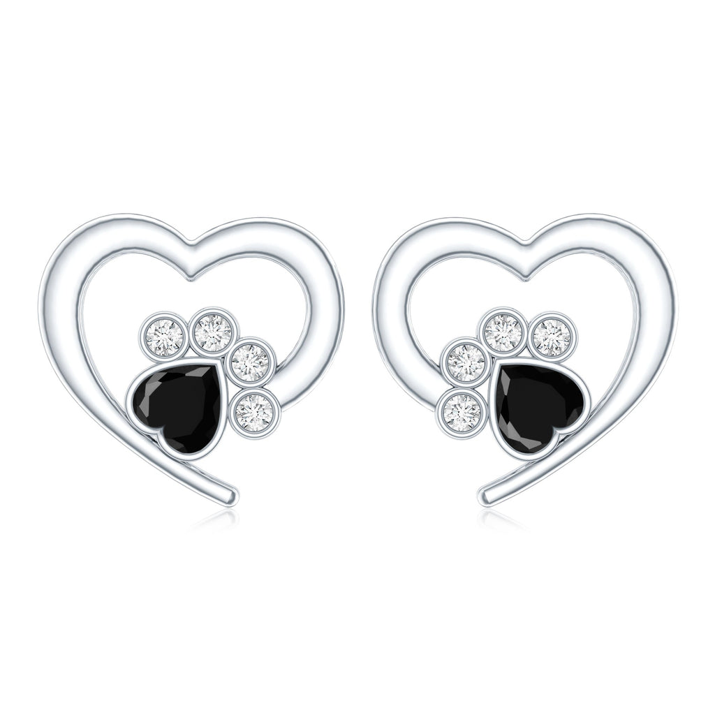 Heart Shape Black Onyx and Diamond Paw Stud Earrings