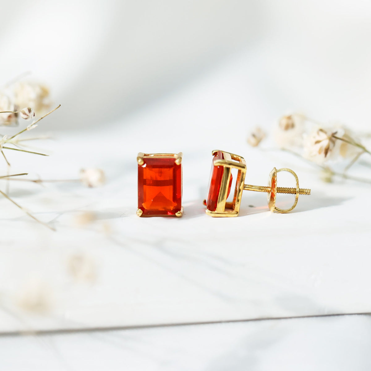 2 CT Emerald Cut Fire Opal Solitaire Stud Earrings for Women