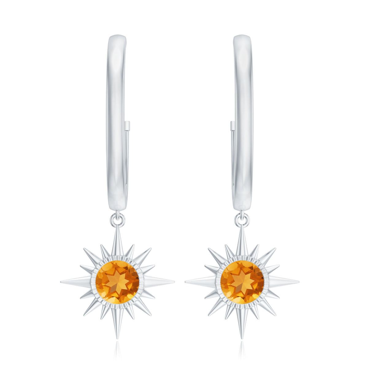 Natural Citrine Sunburst Drop Hoop Earrings