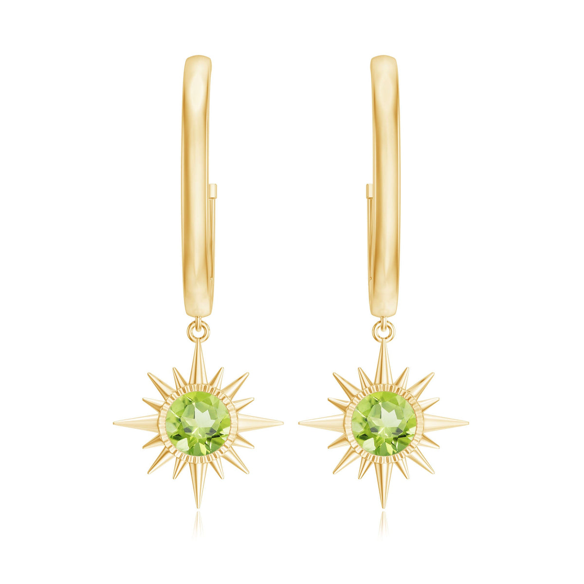Round Shape 1 Carat Peridot Sunburst Hoop Drop Earrings For Women