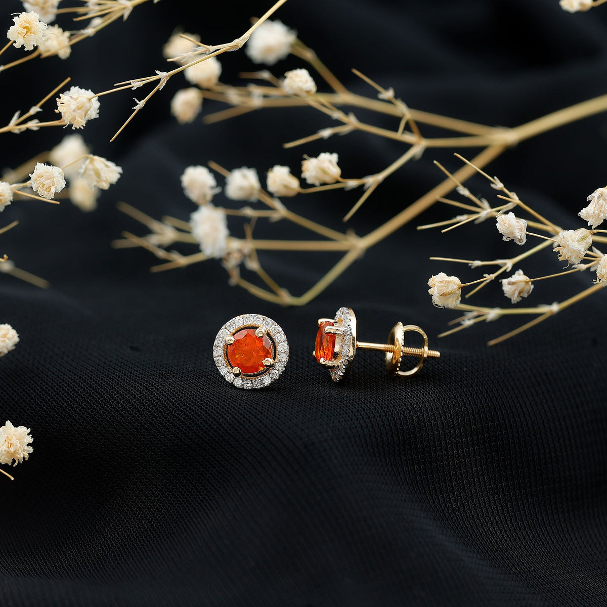Natural Orange Fire Opal Stud Earrings With Diamonds