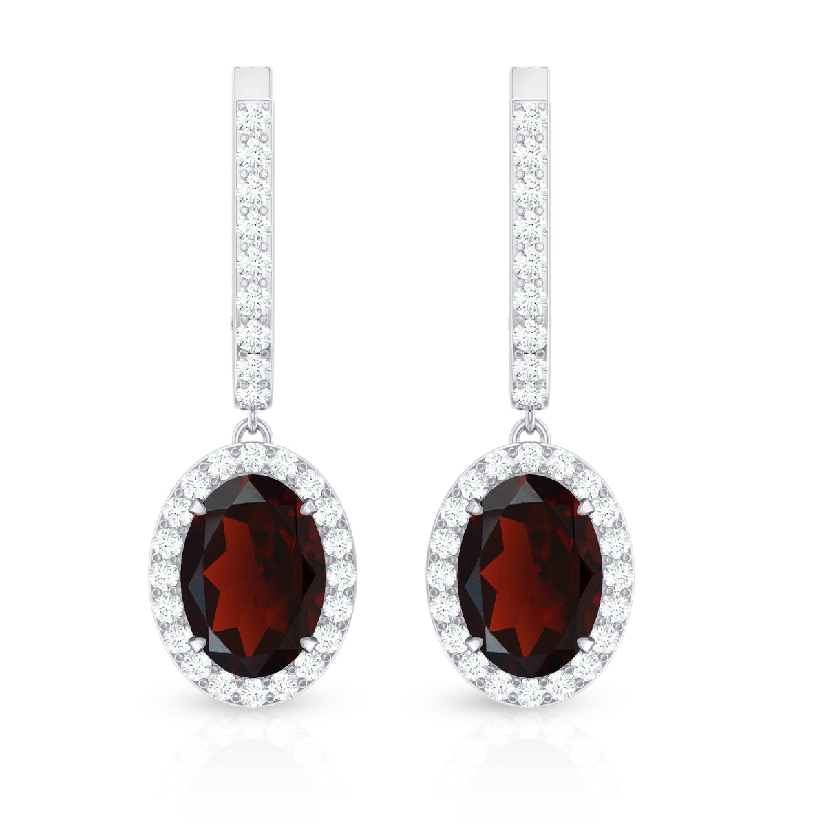 Oval Garnet and Diamond Hoop Drop Earrings with Latch Back