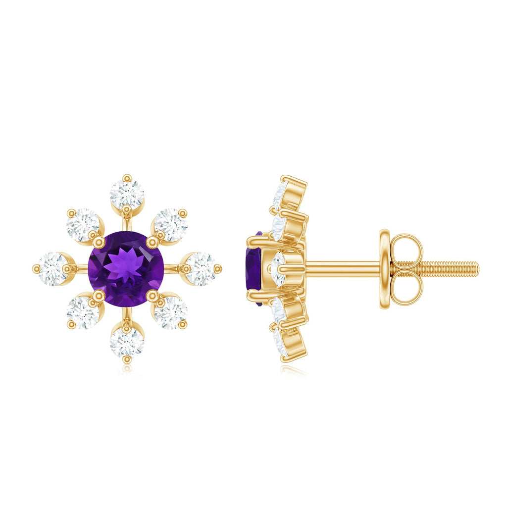 Natural Amethyst Diamond Snowflake Earrings with Screw Back
