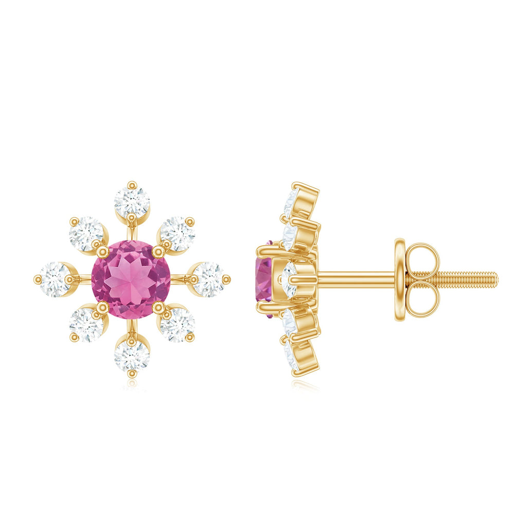 Natural Pink Tourmaline Flower Stud Earrings with Diamond