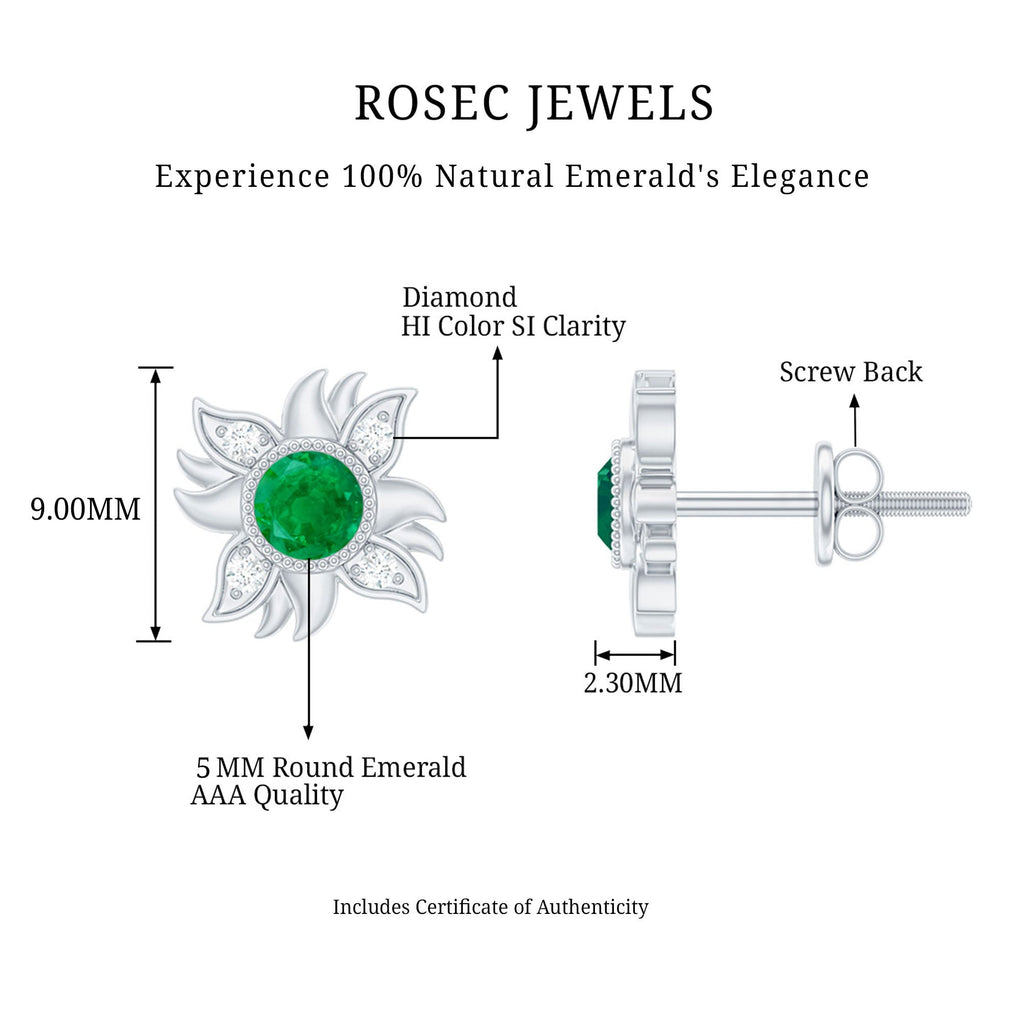 0.99 Carat Round Emerald and Diamond Sunburst Stud Earrings