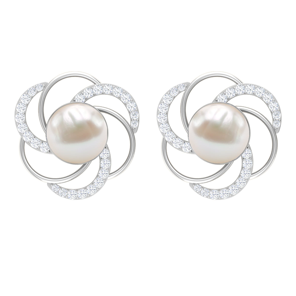 Round Freshwater Pearl Big Stud Earrings with Diamonds