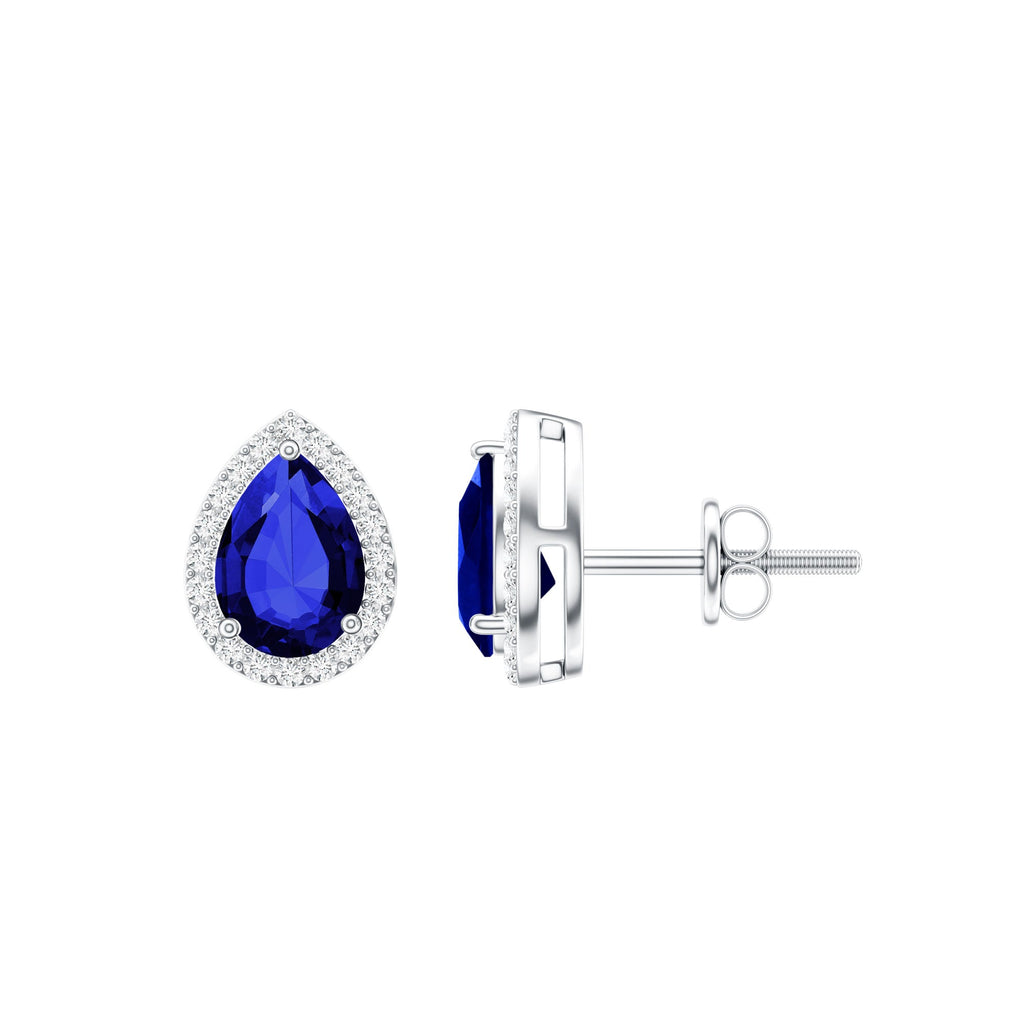 Lab Grown Blue Sapphire Teardrop Stud Earrings With Diamond Halo