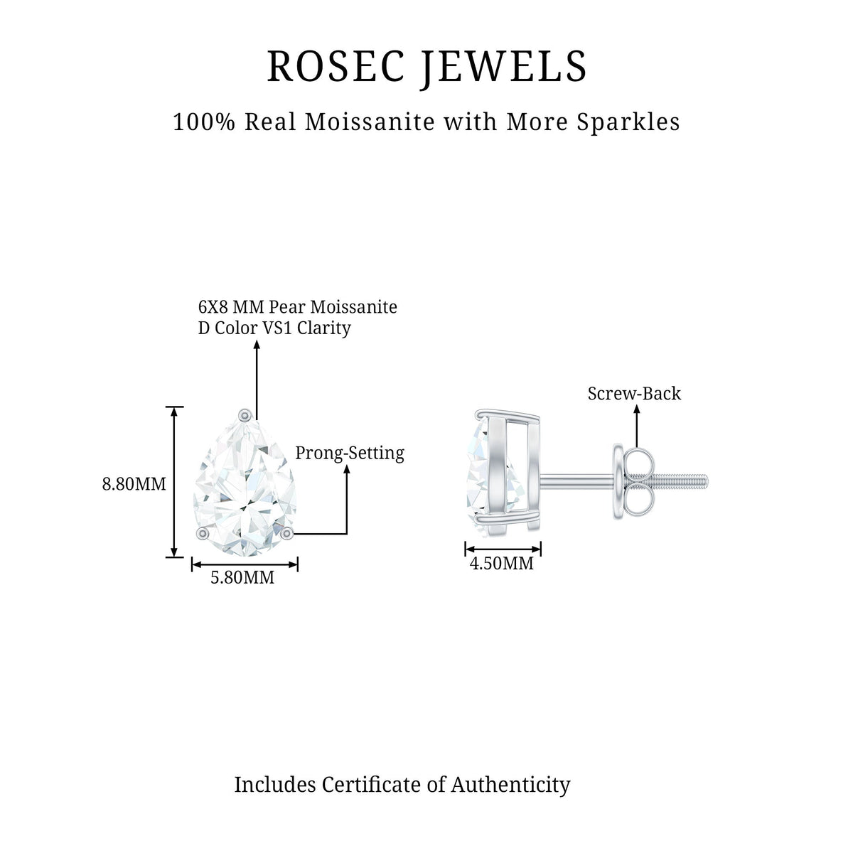 Solitaire Pear Cut Moissanite Stud Earrings
