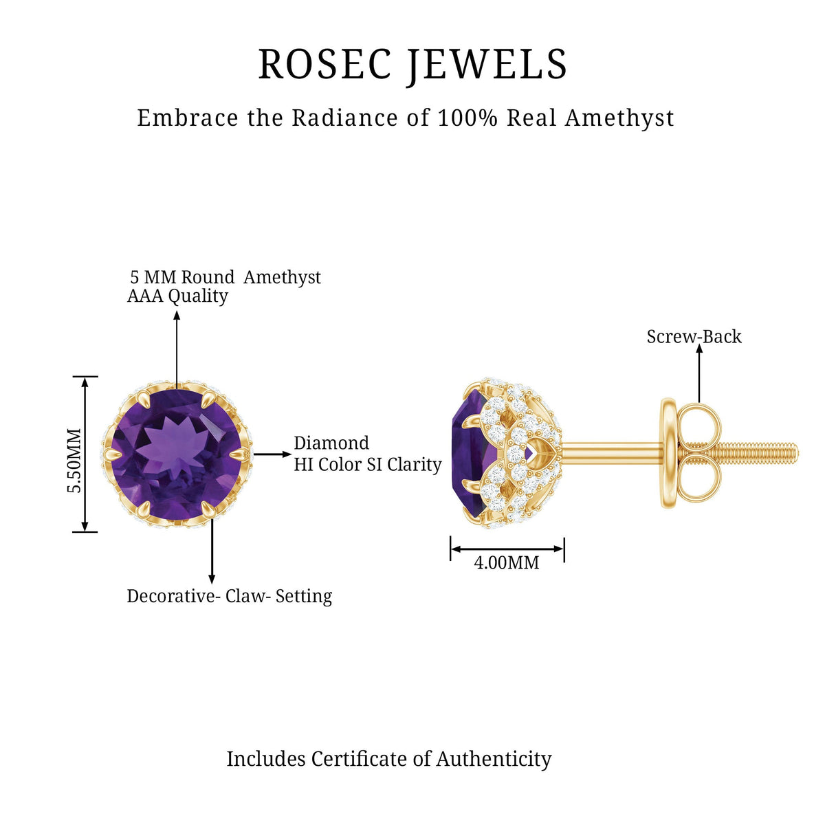 Natural Amethyst Stud Earrings with Diamond