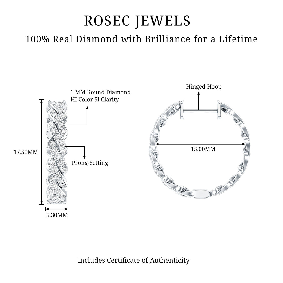 Natural Diamond Twisted Hoop Earrings with Certificate