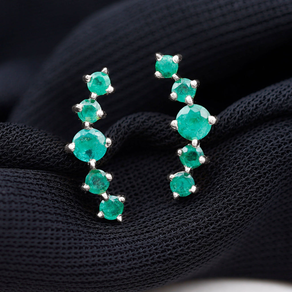 Graduated Natural Emerald Ear Climber Earrings for Women