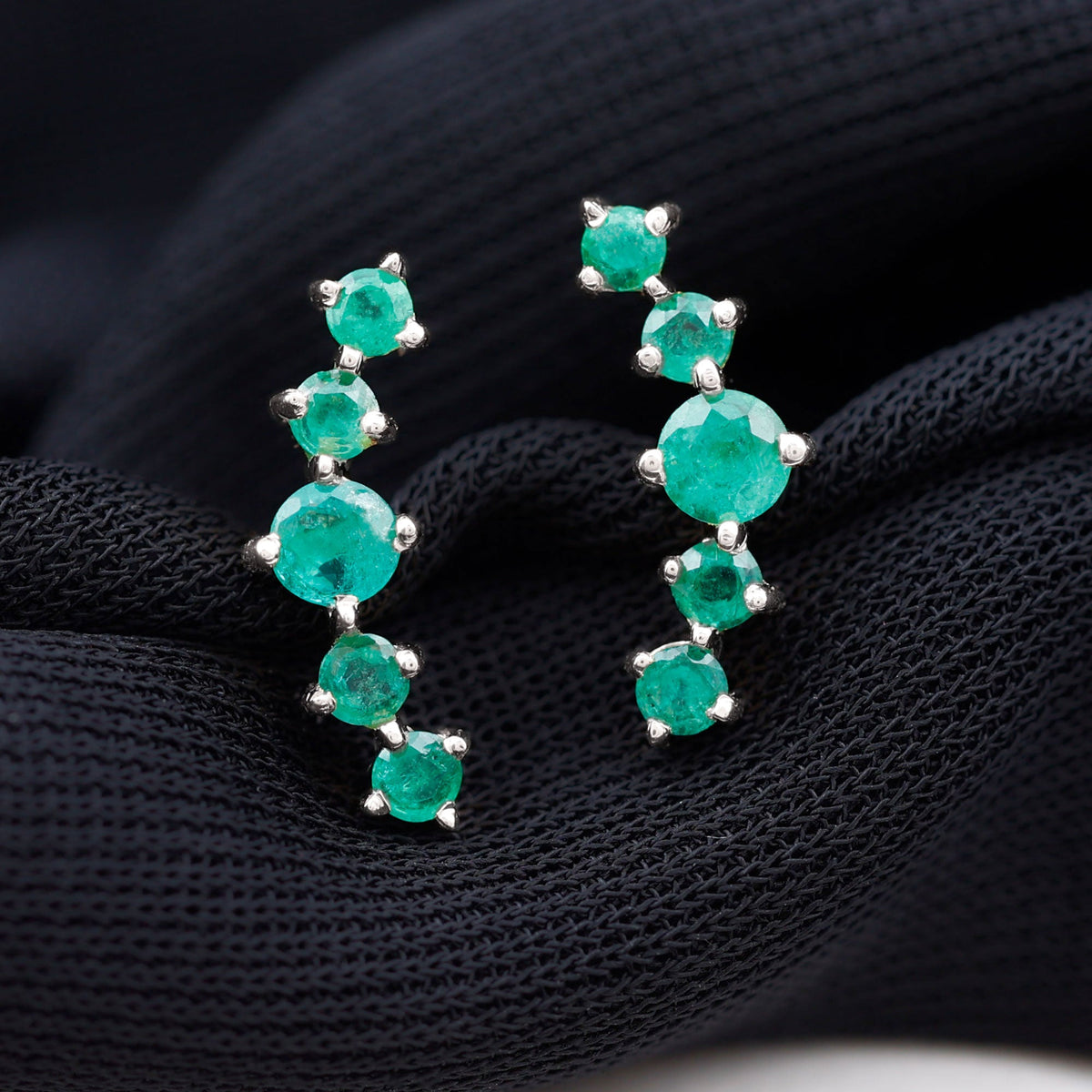 Graduated Natural Emerald Ear Climber Earrings for Women
