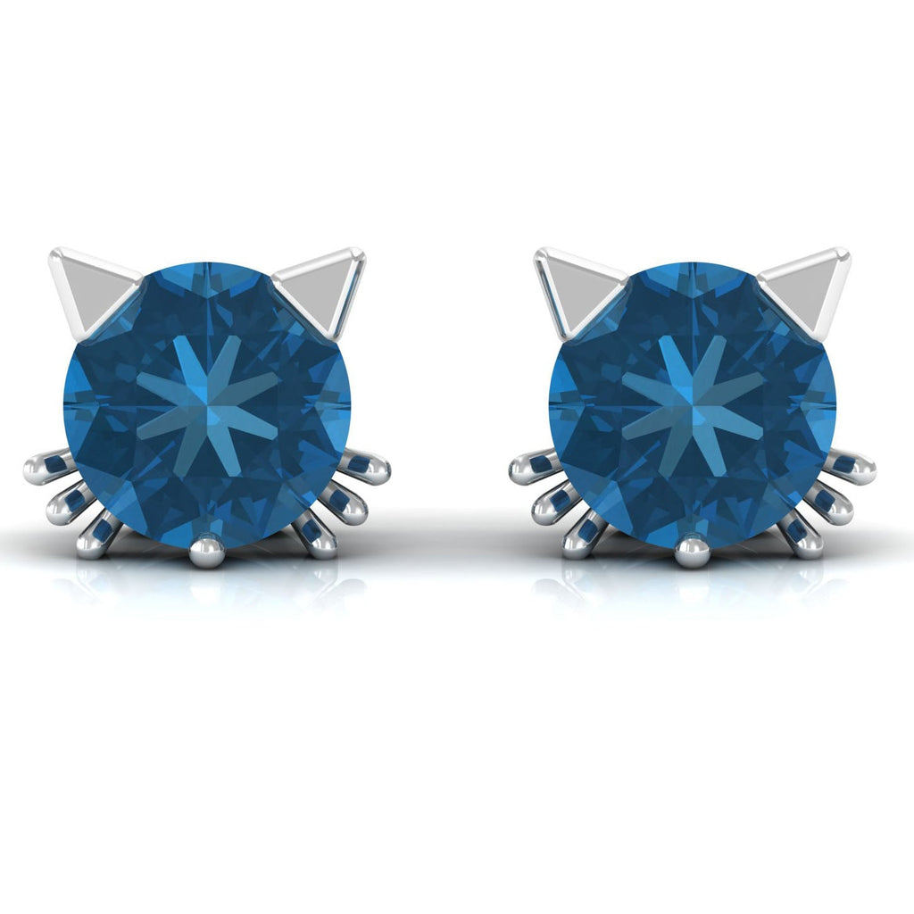 1.2 Carat Round Shape London Blue Topaz Cat Stud Earrings