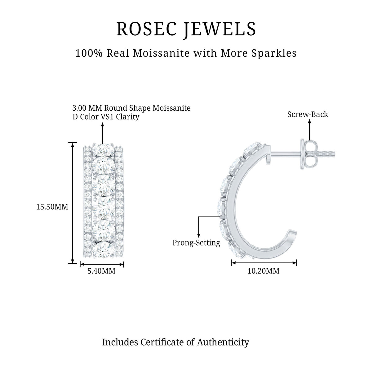 Certified Moissanite J Hoop Earrings for Women