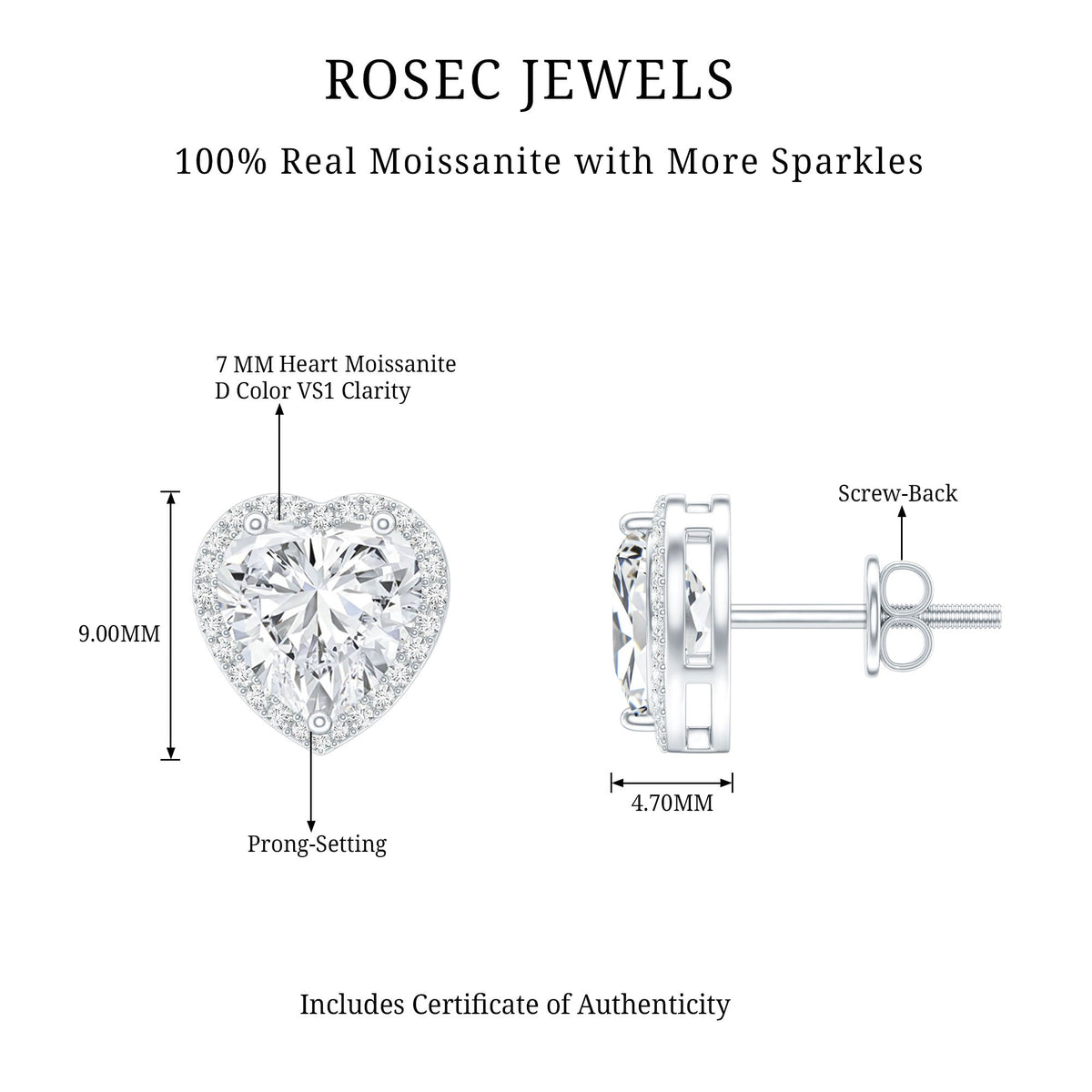 Certified Moissanite Heart Stud Earrings with Halo