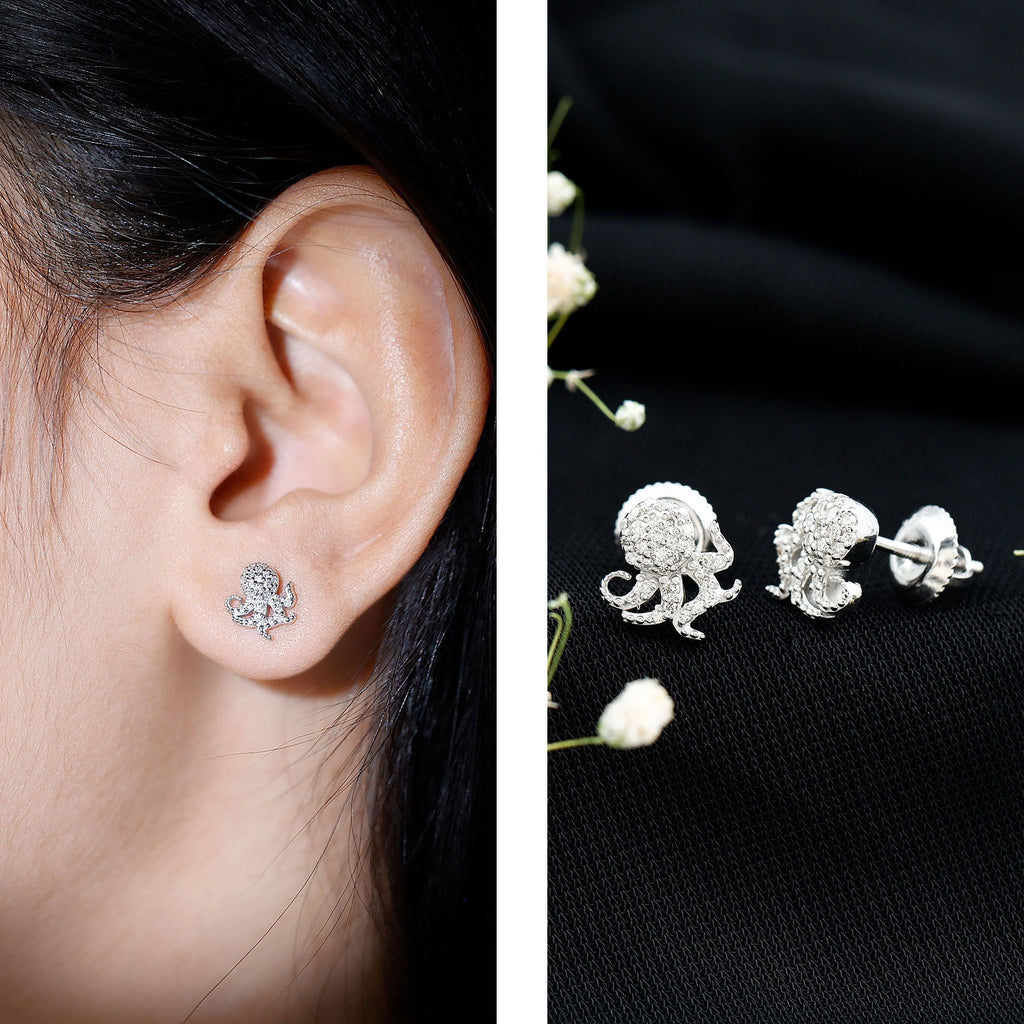 Real Diamond Octopus Stud Earrings for Women