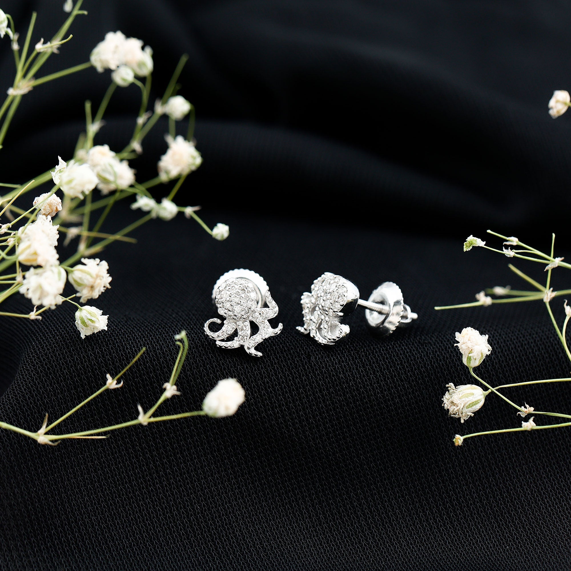 Real Diamond Octopus Stud Earrings for Women
