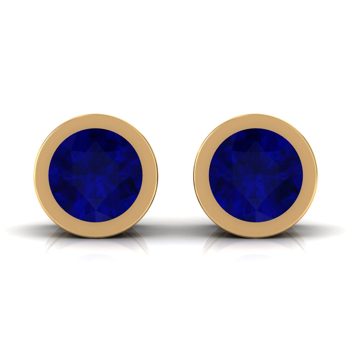 Genuine Blue Sapphire Round Solitaire Stud Earrings in Bezel Setting