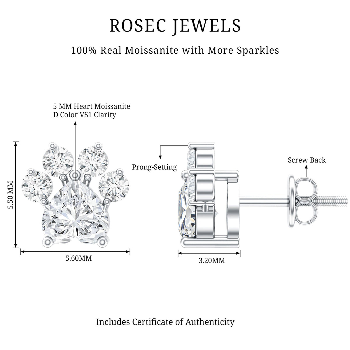 Heart and Round Shape Moissanite Paw Stud Earrings