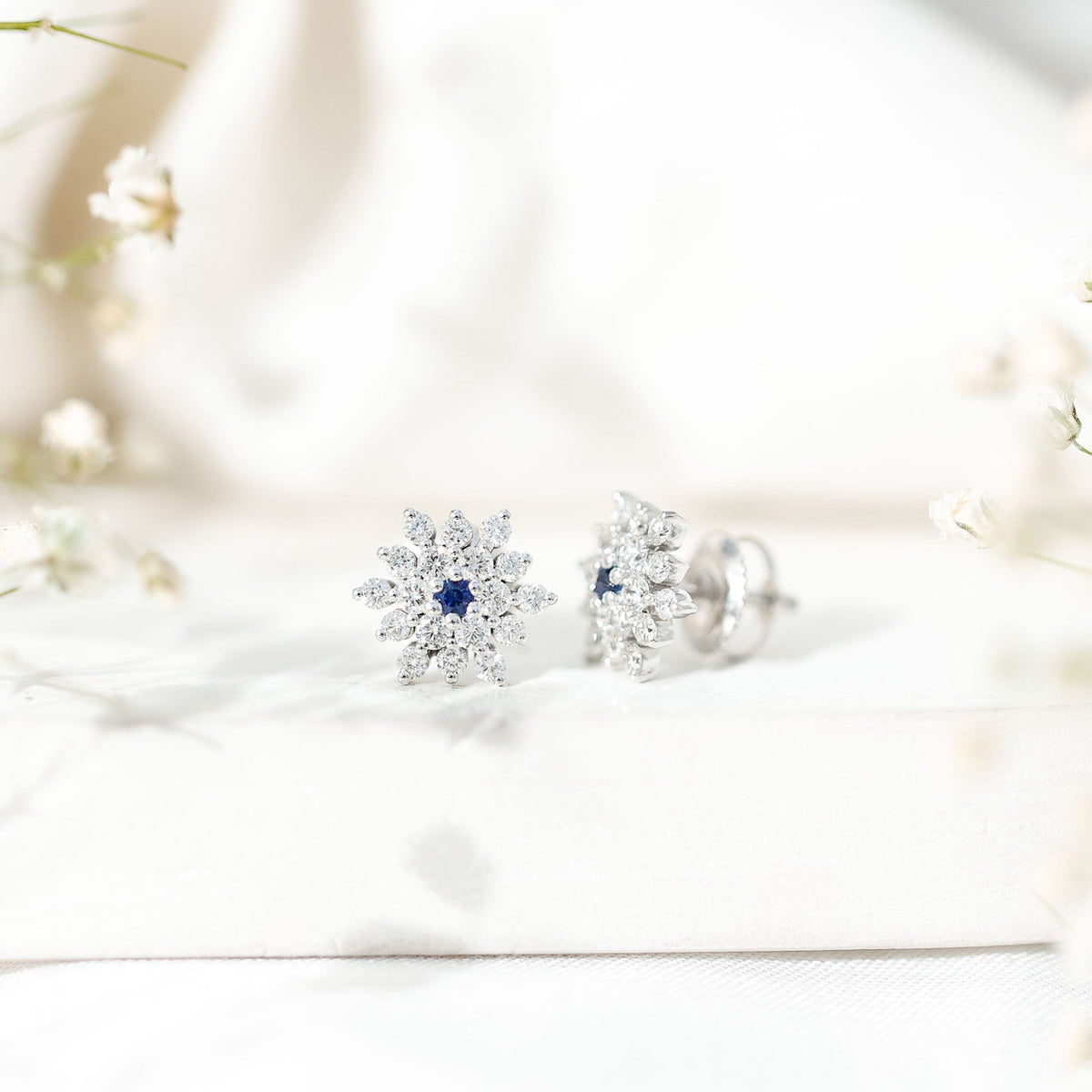 Created Blue Sapphire and Moissanite Cluster Statement Stud Earrings