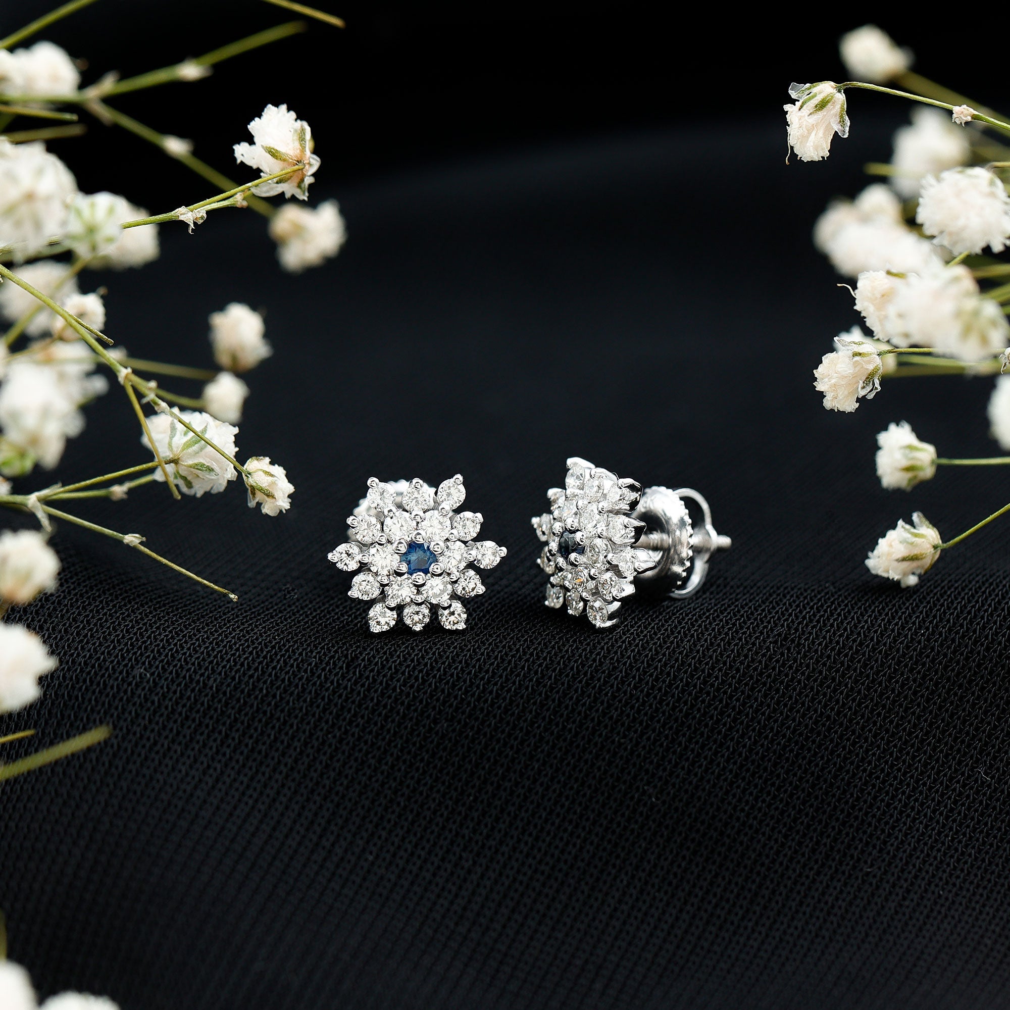 Created Blue Sapphire and Moissanite Cluster Statement Stud Earrings