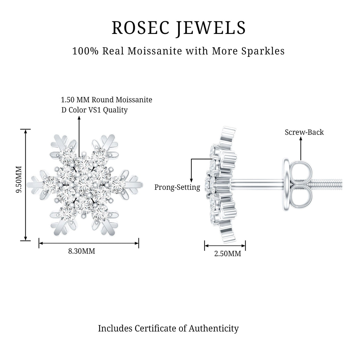 Certified Moissanite Snowflake Stud Earrings