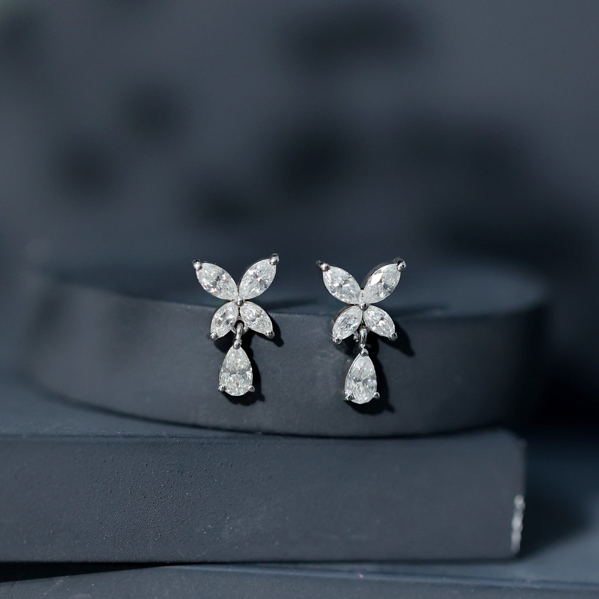 Marquise and Pear Cut Moissanite Flower Drop Earrings