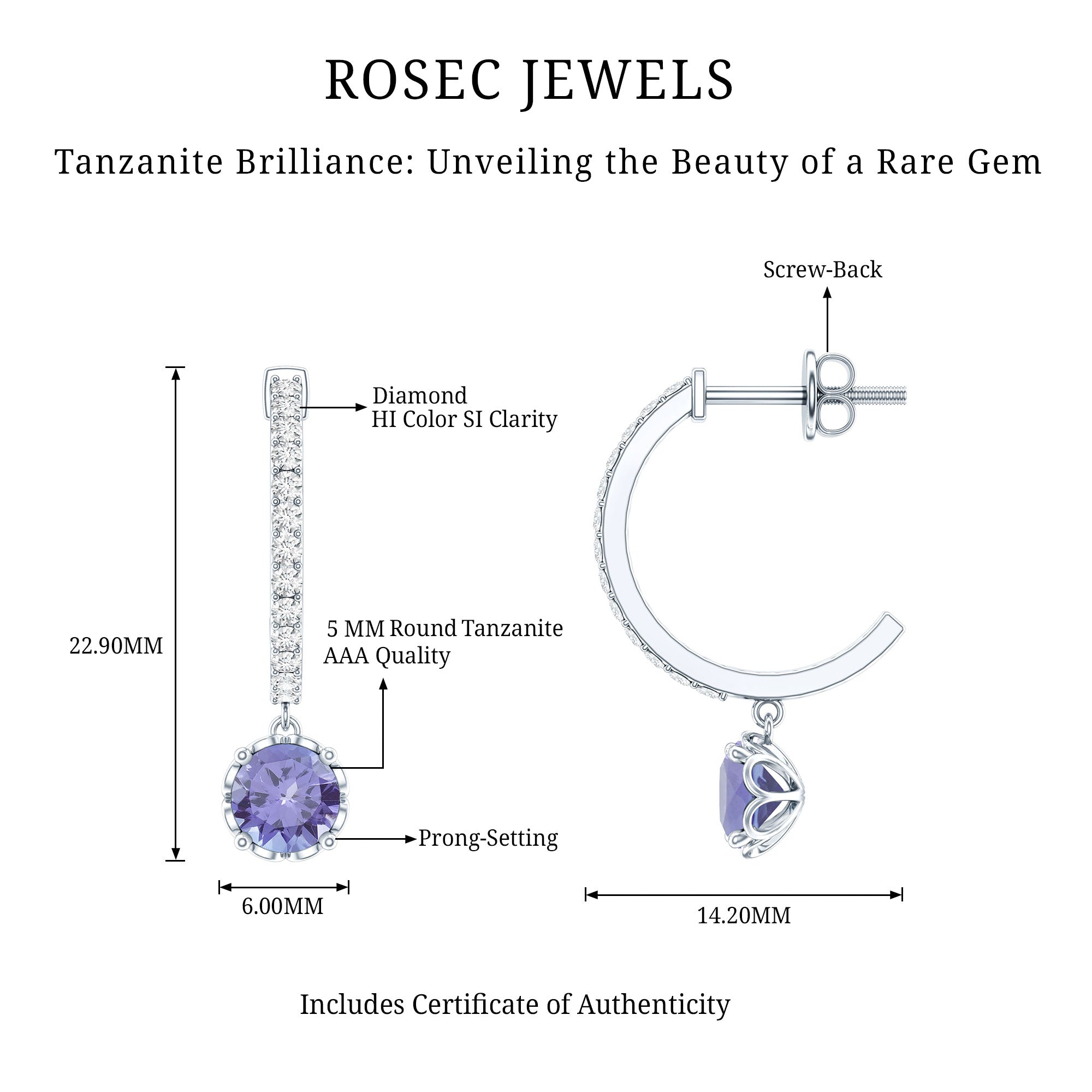 Natural 1 Carat Tanzanite Drop Hoop Earrings with Diamond