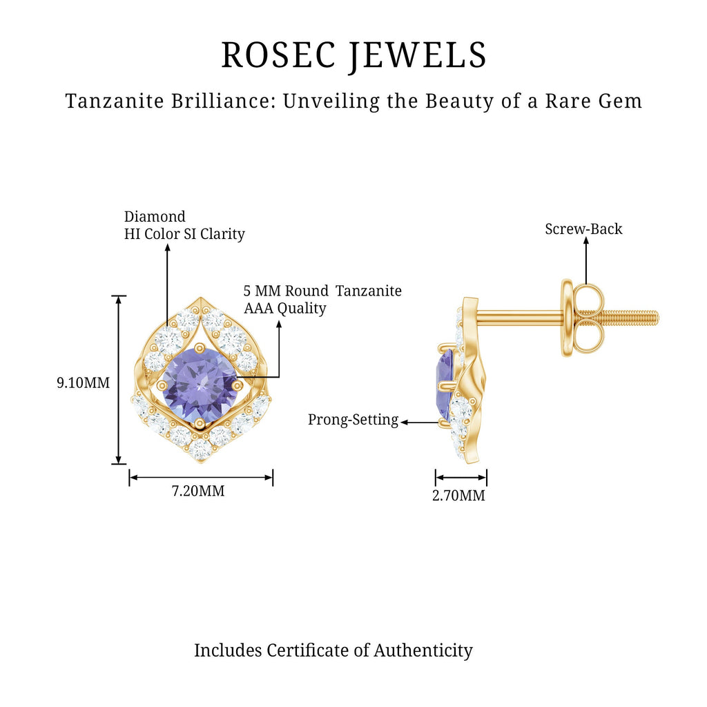 Natural 1 Carat Tanzanite Stud Earrings with Diamond or Women
