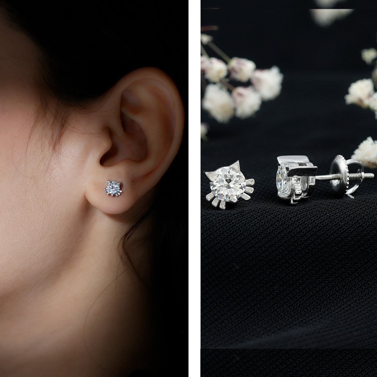 Cute Cat Stud Earrings with Lab Grown Diamond