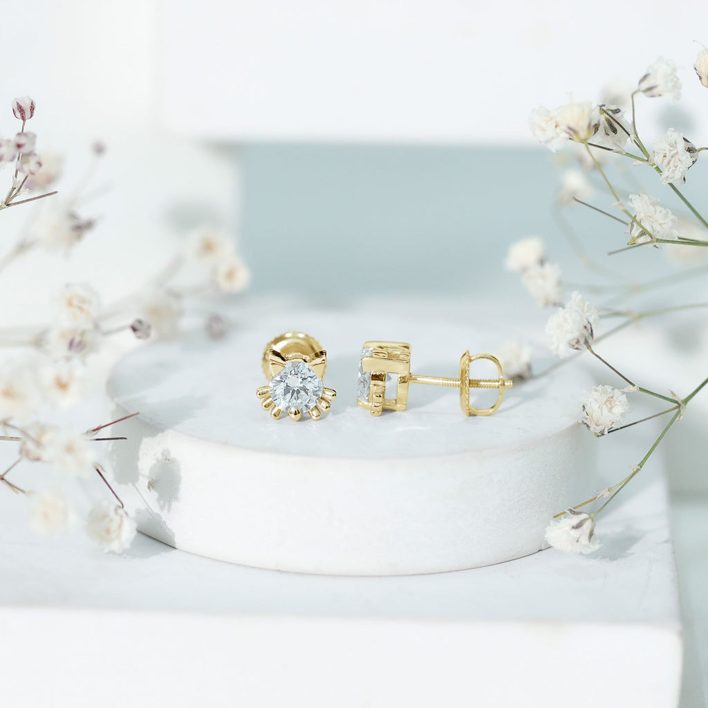 Cute Cat Stud Earrings with Lab Grown Diamond